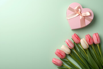 Mother's Day gift concept: Pink tulips bouquet and heart shaped box on mint green background