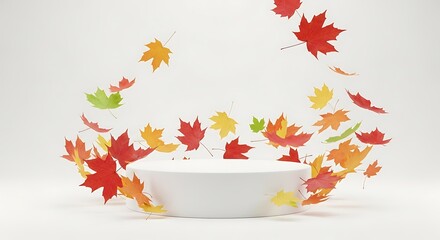 Falling autumn leaves around white podium on clean background minimal design