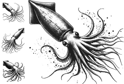 Squids Colossal linework ink sketch hand drawn pen drawing vector illustration background