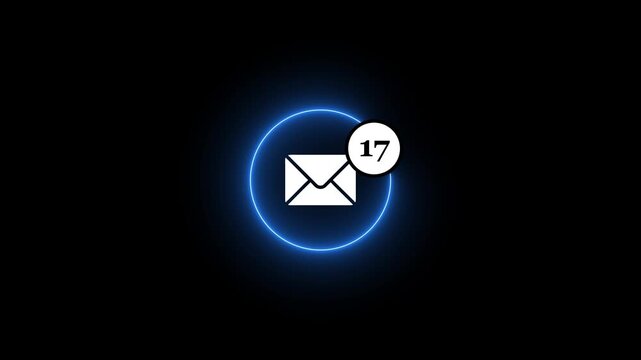 Email notification with glowing blue circle and unread message count 17 on black background message alert