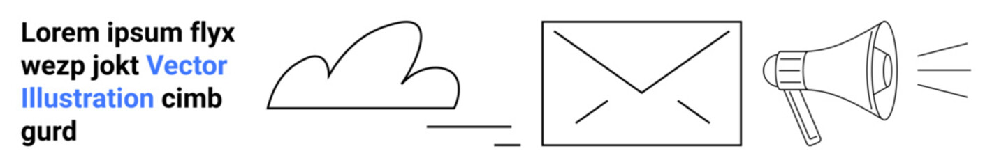 Cloud technology, email communication, digital marketing, online messaging, cloud storage, media notifications. Minimal graphic of cloud, envelope and megaphone. Cloud storage and email