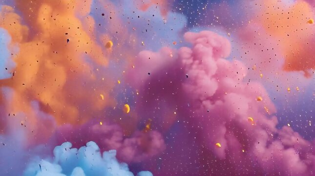 Animated Holi festival scene with colorful powder explosion isolated on a white background, conveying a vibrant and celebratory mood with smoke and abstract elements.