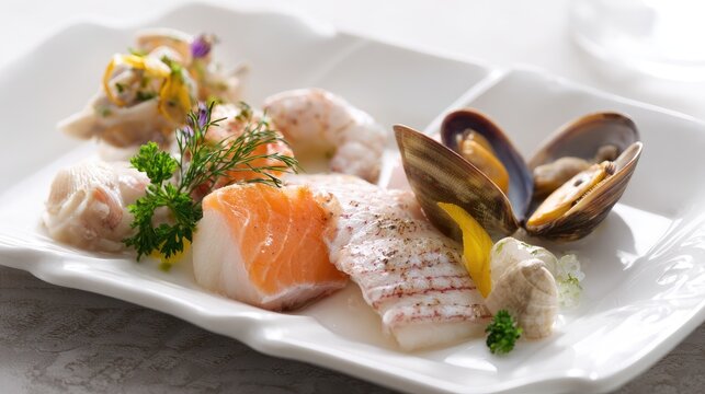 Elegant seafood tasting plate with small portions of fish and shellfish neutral monochrome background fine dining Seafood dish