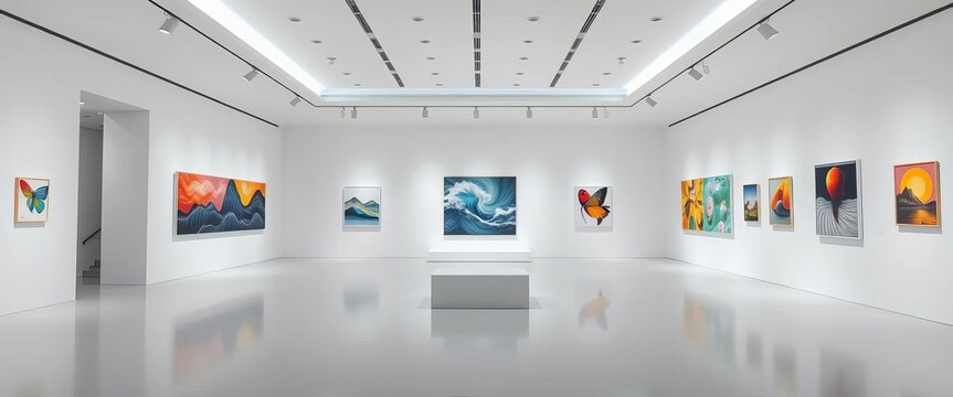 Sleek white gallery interior with minimalist artwork and spotlighting,  background,  interior design