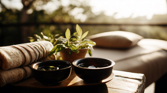Ayurvedic spa setup with herbal oil bowls, fresh herbs, towels. Natural wellness treatment, holistic therapy outdoor. Relaxation ritual, aromatherapy, massage preparation, healing tradition.