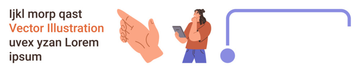 Communication, technology, digital interaction, learning, design, gesture recognition. Illustrated hand gestures, person with a tablet abstract shapes. Communication and technology concept