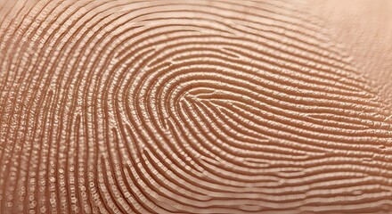 Close up of a detailed fingerprint with intricate swirling patterns against a soft neutral background showcasing unique human identification and biometrics