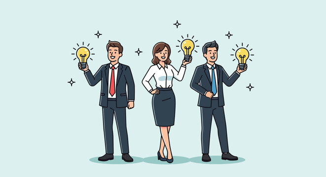Business people holding light bulbs representing new ideas and innovation.