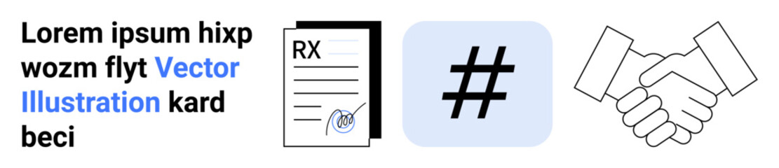 Obraz premium Abstract text layout with prescription paper, metadata tag icon, and handshake graphic. Ideal for digital tools, business strategy, communication, innovation, partnerships, networking simple landing