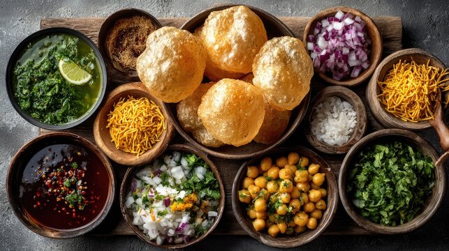 Fresh ingredients for chaat Puffed puris boiled potatoes chickpeas sev and colorful chutneys arranged neatly on a light grey cement background food Traditional Indian Cuisine