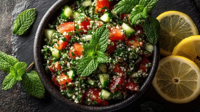 Lebanese tabbouleh salad with bulgur parsley mint tomato cucumber and lemon dressing fresh and vibrant neutral gray background Popular dish
