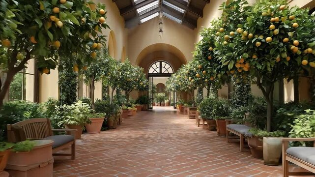Serene orangery walkthrough in sunlit mediterranean greenhouse