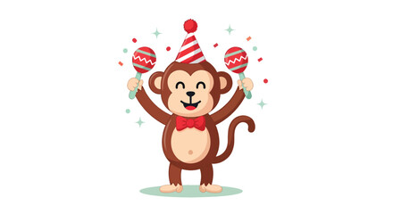 Happy monkey cartoon character celebrating with maracas and party hat. © NFS Studio
