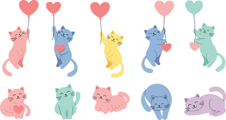 Cute cats holding love hearts balloon vector illustration flat design cartoon pets