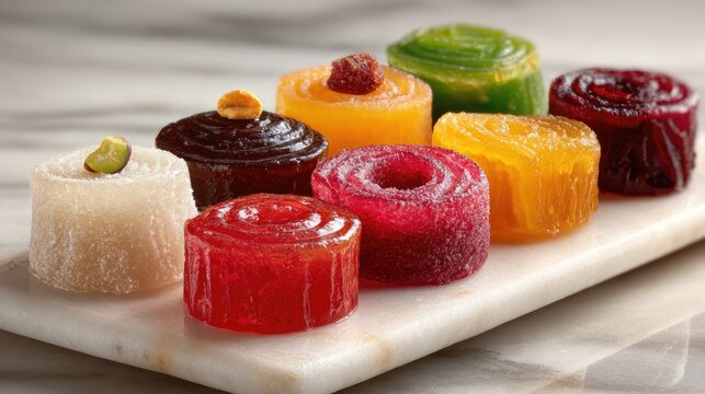 An assortment of Indian mithai gulab jamun jalebi barfi peda on a white marble slab vibrant colors popping against the neutral surface festive and bright Traditional Indian Cuisine