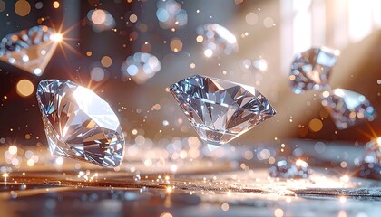 Fototapeta premium Sparkling diamonds floating in mid-air with bokeh lights