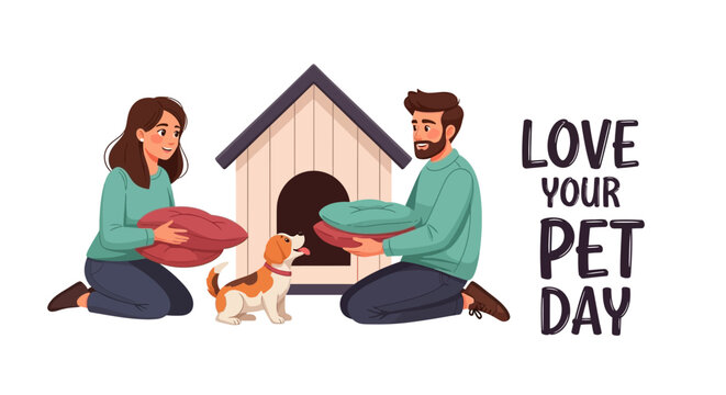 Illustration of a man and woman sitting with a cat and dog, holding pet food bowls in front of a doghouse on Love Your Pet Day, conveying affection and companionship with cute, colorful