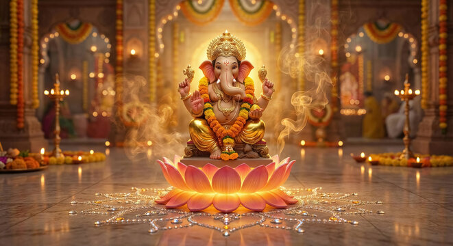 Lord Ganesha Statue Sitting on a Lotus Flower with Incense Smoke