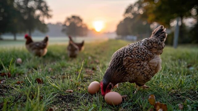 Chickens foraging in morning light with fresh eggs on dewy farm grass