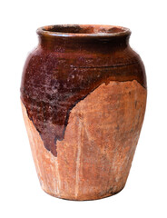 Antique clay jug with partial dark glaze isolated on white background.