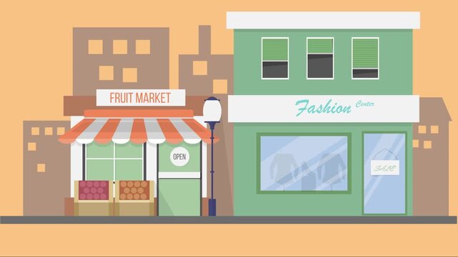 Flat Design City Street Scene with Fashion Store and Open Shopfront Retail Businesses Commerce