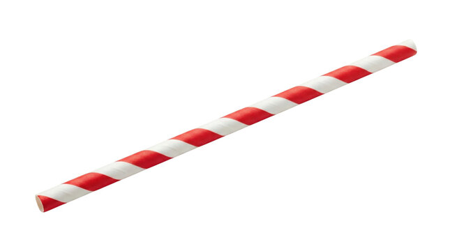 Single red and white striped paper drinking straw, angled diagonally and isolated on a clean white background, ready for beverage branding or festive design.