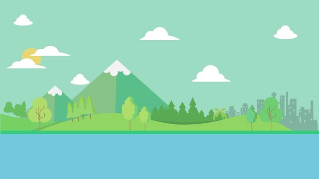 Flat Design Landscape with Mountains Trees City Skyline and Water Under Sunny Sky with Clouds