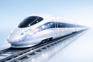 Fototapeta premium Velocity Vanguard: A sleek, futuristic high-speed train gracefully glides along a streamlined track. It's a testament to progress and transportation innovation.