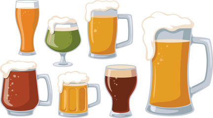 Beer glass vector collection, craft lager ale mugs set, alcohol drink illustration isolated transparent background template design