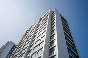 Obraz premium Modern high-rise building captured from low angle against clear blue sky