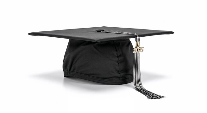 Black graduation cap mortarboard with tassel and 2015 year charm on white background, academic achievement symbol