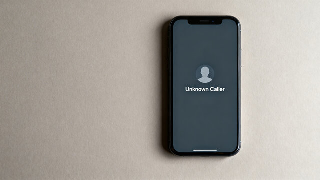 Smartphone displaying screen of unknown caller on beige background  