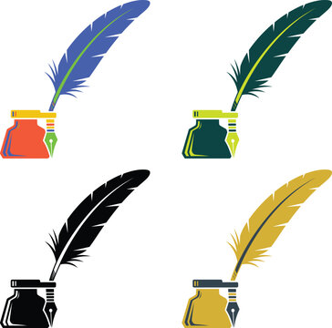Colorful feather quills paired with uniquely designed ink pots. Vector