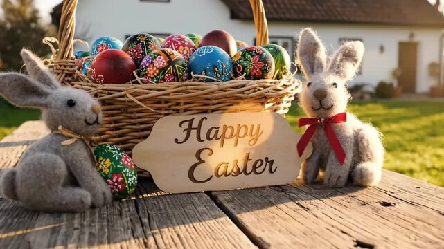Rustic Happy Easter Basket On Wooden Table Outside Cottage. Handpainted Eggs Nestled With Plush Bunny Toys, Warm Golden Hour Light, Weathered Tabletop Texture, Cozy Countryside Charm And Family.