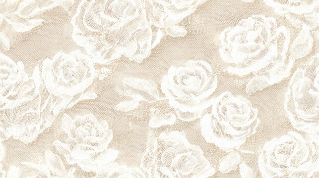 Floral lace fabric pattern in ivory white delicate threads forming rose motifs with subtle transparency for bridal or fashion use seamless background