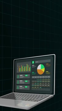 Layar laptop yang menampilkan analitik korporat lengkap, termasuk grafik lingkaran dan tabel performa pengguna.