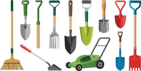 Garden tools vector illustration set, shovel rake fork and lawn mower collection, gardening equipment icons vector, isolated background © Vexora Studio
