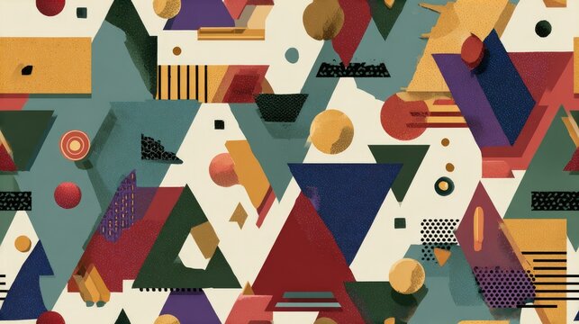 Memphis style abstract pattern bold geometric shapes muted modern color palette seamless background