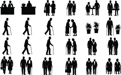 Black vector silhouette set of diverse senior citizens elderly couples walking with canes and sitting for geriatric care retirement home and nursing branding design