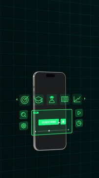 Tampilan dekat antarmuka digital bercahaya yang menampilkan tombol subscribe menonjol dan ikon lonceng notifikasi.