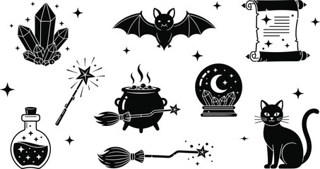 Black vector silhouette set of mystical halloween magic items including a cat bat cauldron crystal ball magic wand and scroll for occult branding © MDRAZIURRAHMAN