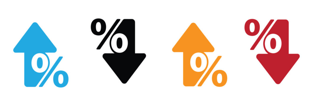 
Percentage rate arrow icon set. Percent arrow up and down symbol. Price increase and decrease vector illustration. Profit sign. Up and down arrows with percentage pictogram. Financial growth concept