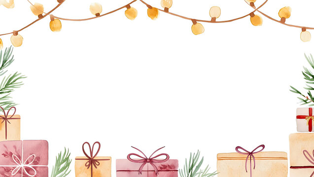 Watercolor christmas frame with festive gift boxes pine branches and glowing string lights