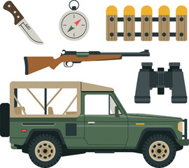 Hunting equipment and offroad vehicle vector illustration isolated, rifle binoculars compass knife gear collection, safari transport set illustration © Vexora Studio