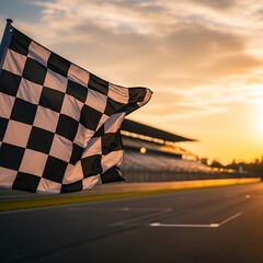 Checkered flag waving on a racing circuit at sunset with blurred grandstands and track background