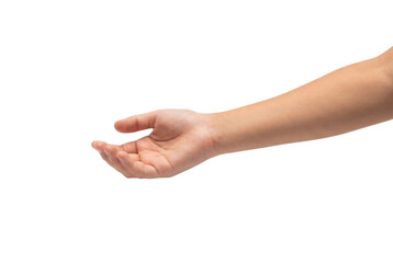 Light-skinned human hand with an open palm reaching out, isolated on a clean white background, ready for a product placement or interactive design.