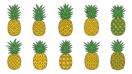 Collection of ten pineapples with various geometric skin patterns and green leaves isolated on a white background.
