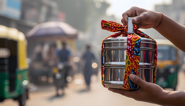 A food delivery man holds a stack of two stainless steel tiffin boxes tied with colorful cloth in front of an Indian street