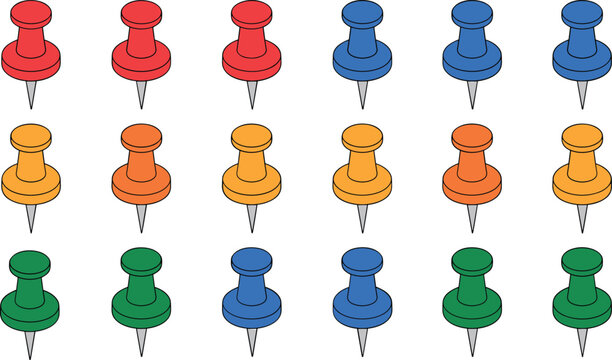 Push pin vector illustration set, colorful thumbtack collection, office stationery icons, isolated background design concept supply equipment accessory