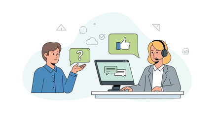 Customer support representative wearing headset talking to client on computer with speech bubbles, isolated on transparent background